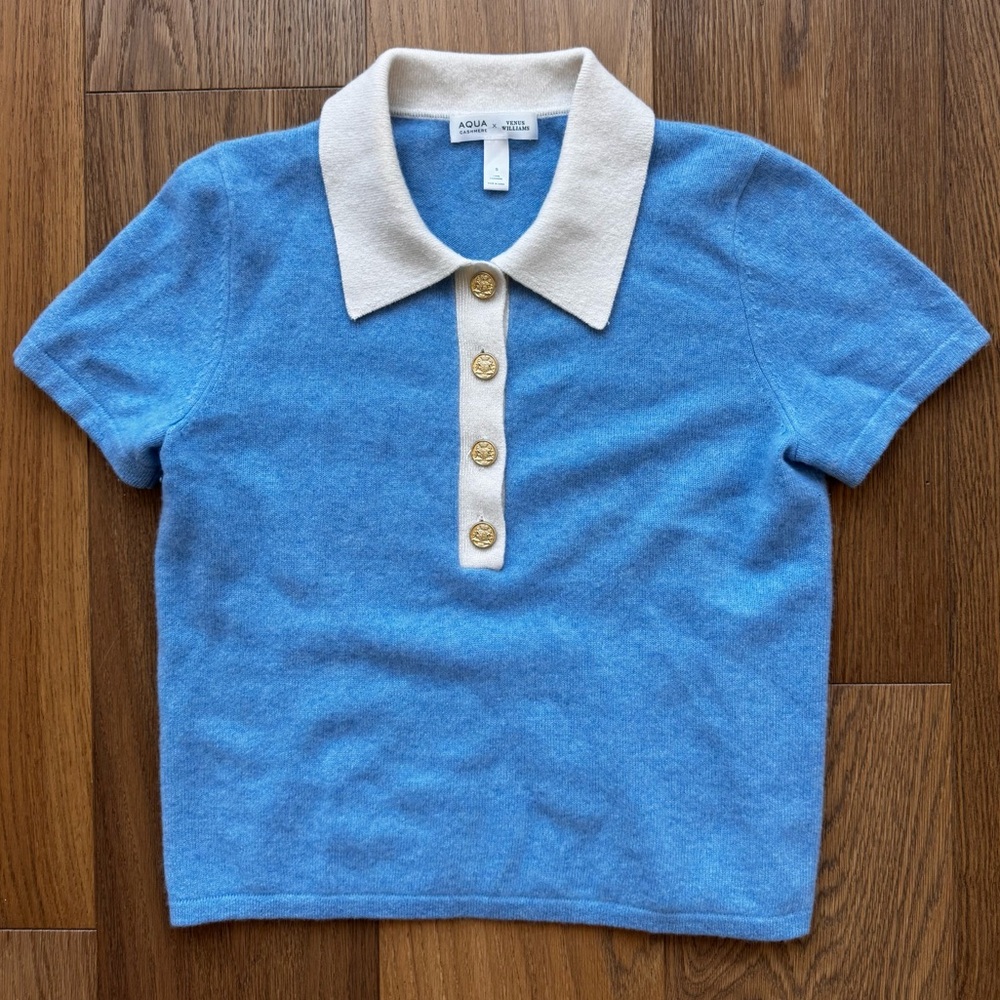 AQUA Cashmere x Venus Williams Blue & White Contrast Collar Cashmere Shirt